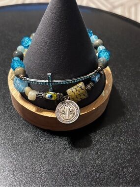 Blue Beaded Cross and Charm Artisian Stackable Spring Summer Bracelet Sky Blue